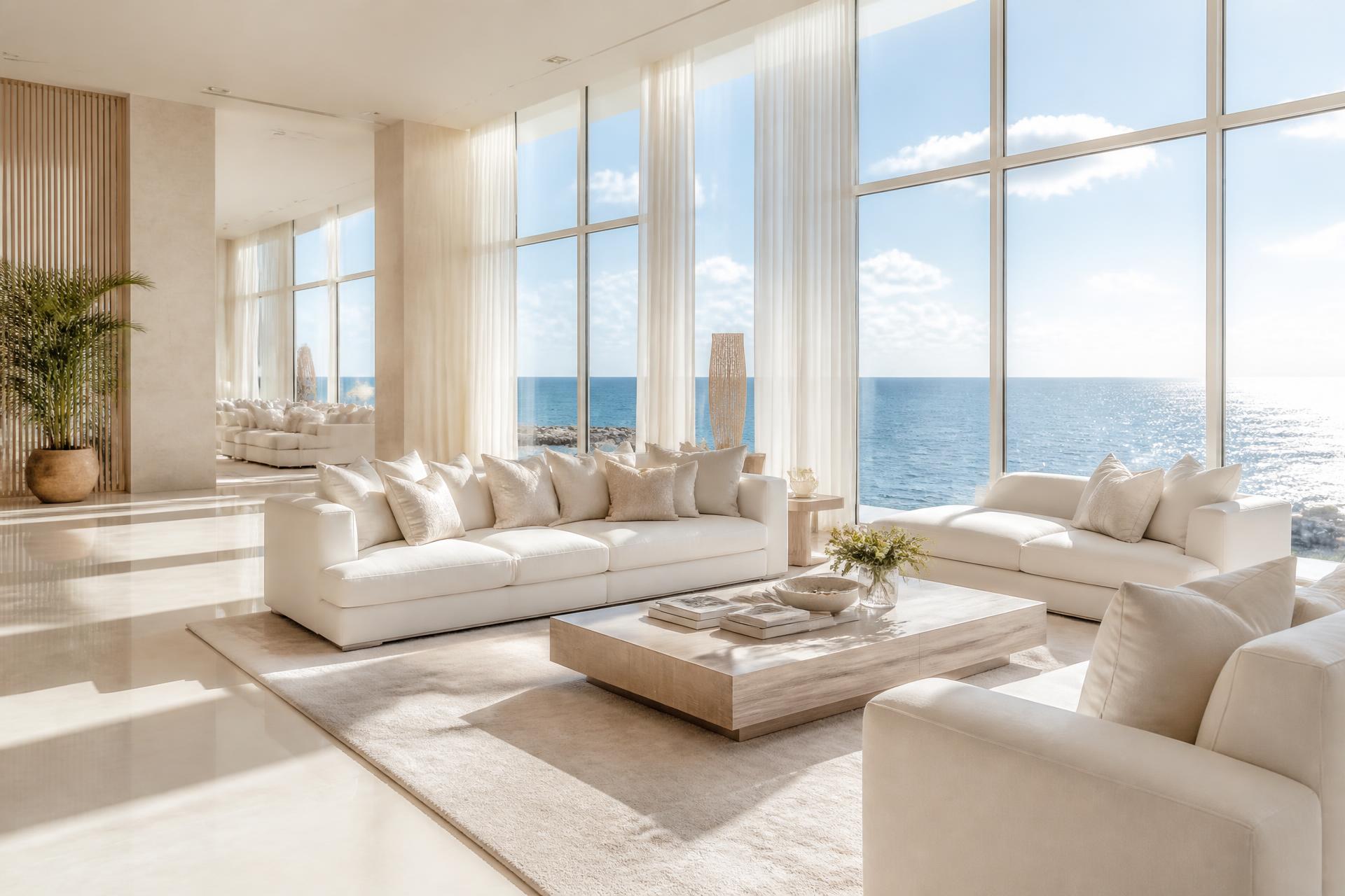 Sala de estar impecável com vista para o mar no litoral do Paraná
